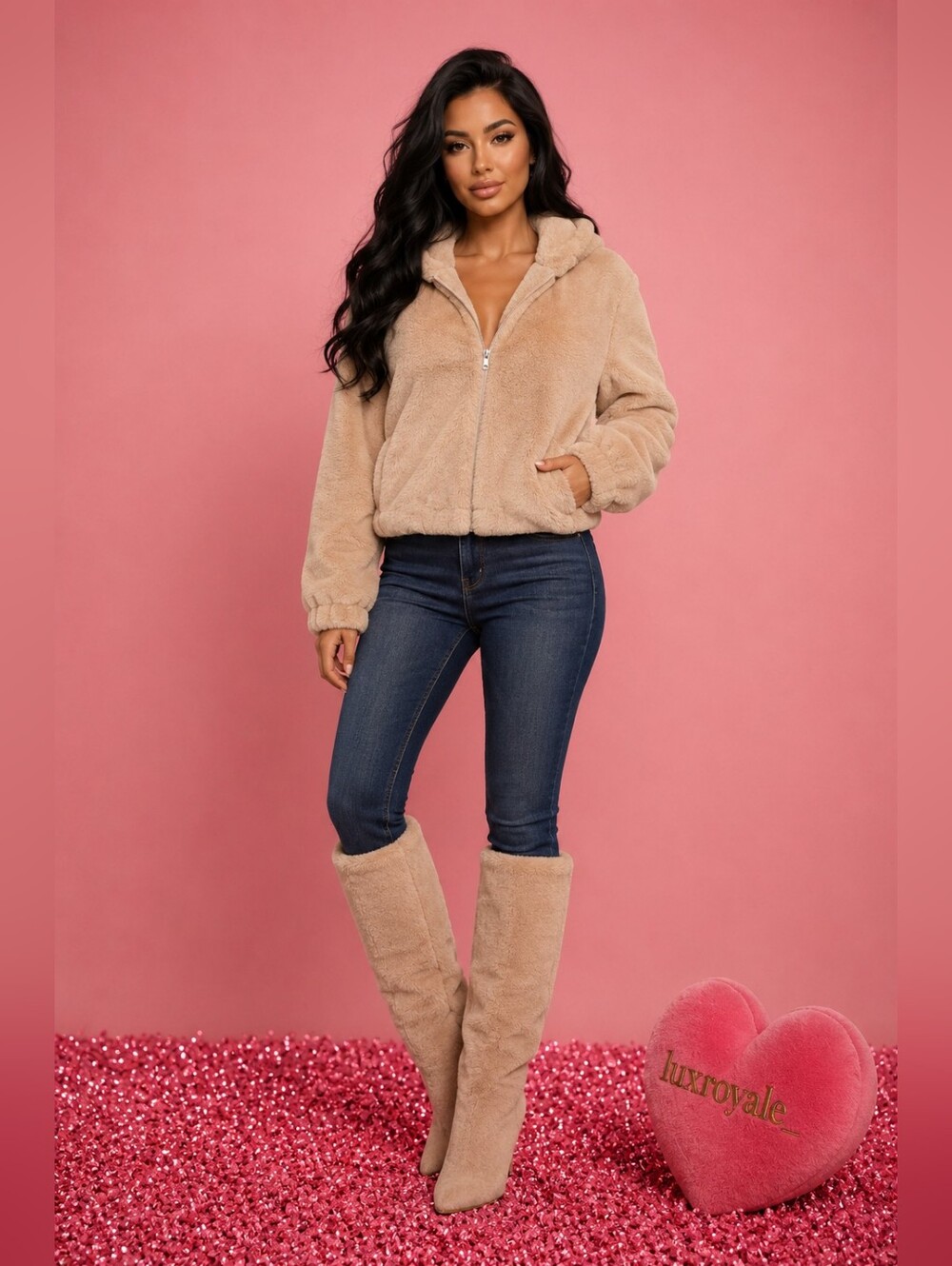 Cozy Beige Teddy Faux Fur Hooded Jacket | Plush Zip Up Winter Coat | Soft Beige